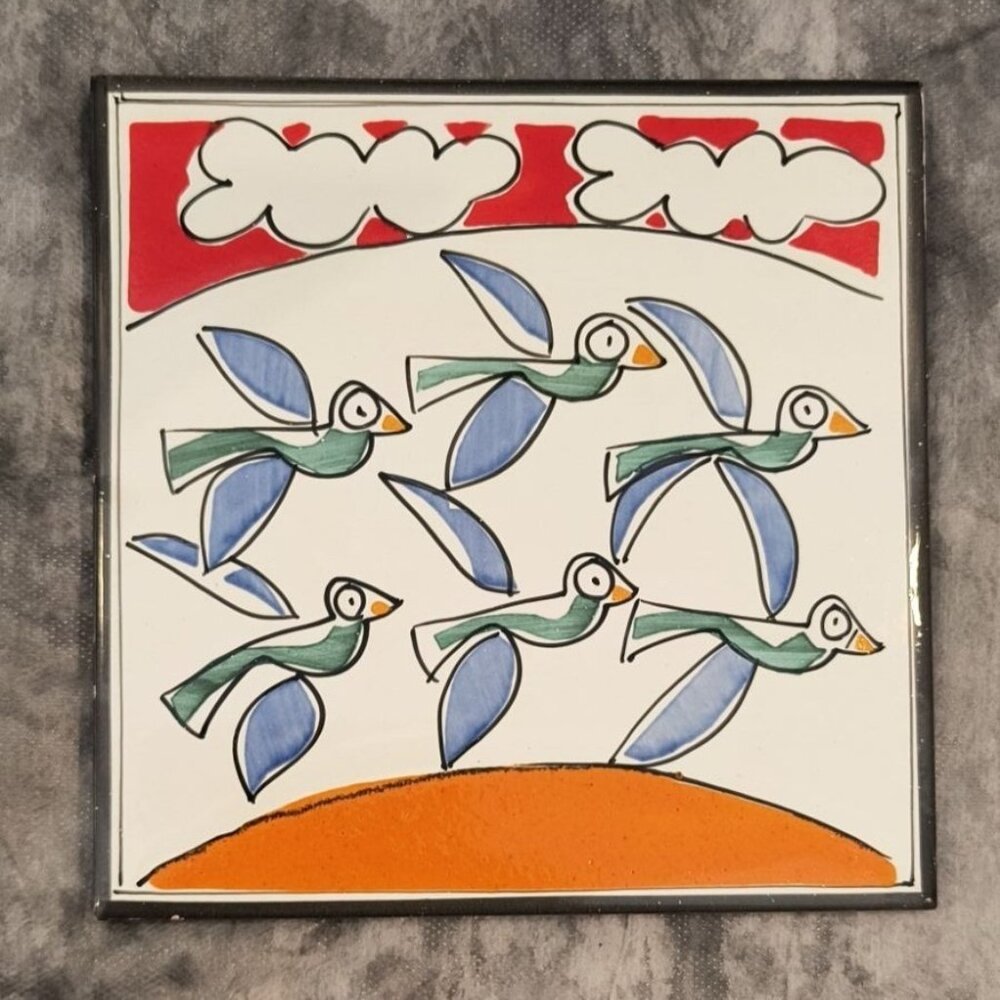 Ettore Style Ceramic Wall Art Tile With Birds & Clouds Design
